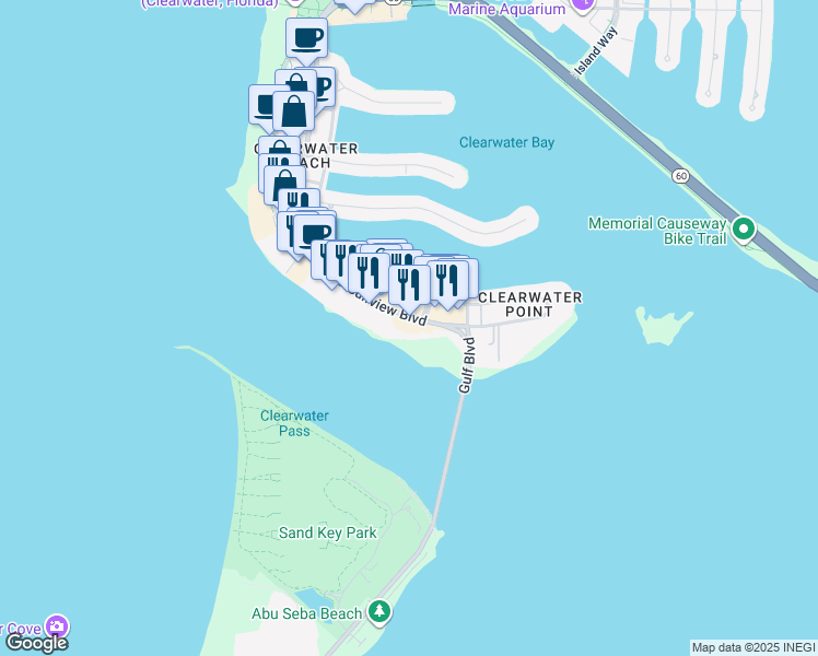 map of restaurants, bars, coffee shops, grocery stores, and more near in Clearwater