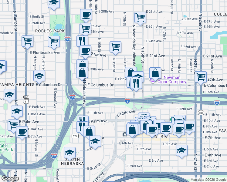 map of restaurants, bars, coffee shops, grocery stores, and more near 1019 East 15th Avenue in Tampa