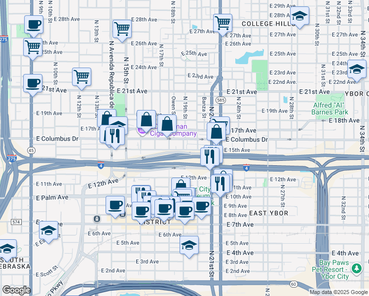 map of restaurants, bars, coffee shops, grocery stores, and more near 2601 North 19th Street in Tampa