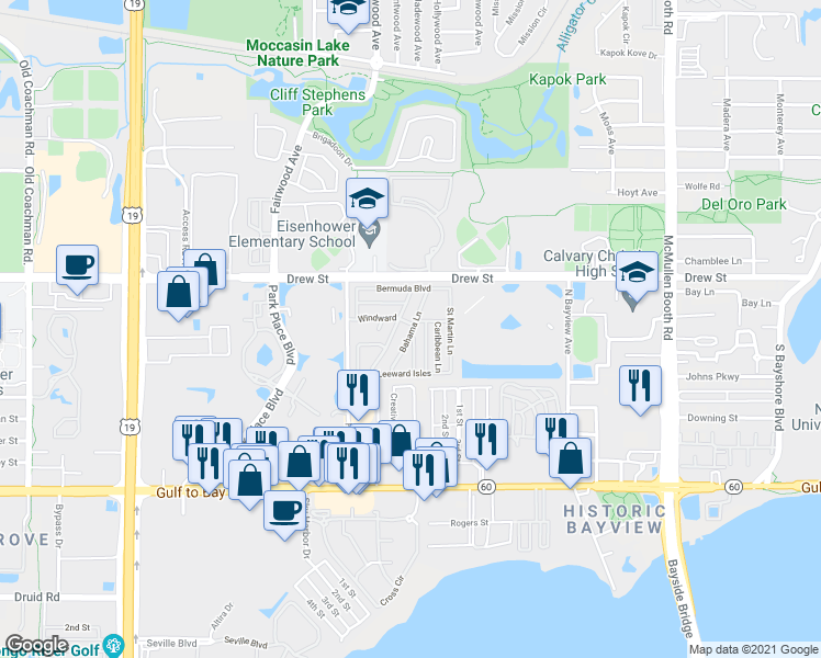 map of restaurants, bars, coffee shops, grocery stores, and more near 69 Bahama Lane in Clearwater