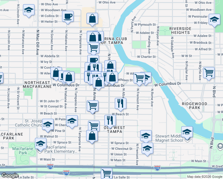 map of restaurants, bars, coffee shops, grocery stores, and more near 2901 North Albany Avenue in Tampa