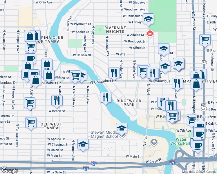 map of restaurants, bars, coffee shops, grocery stores, and more near 2507 North Riverside Drive in Tampa