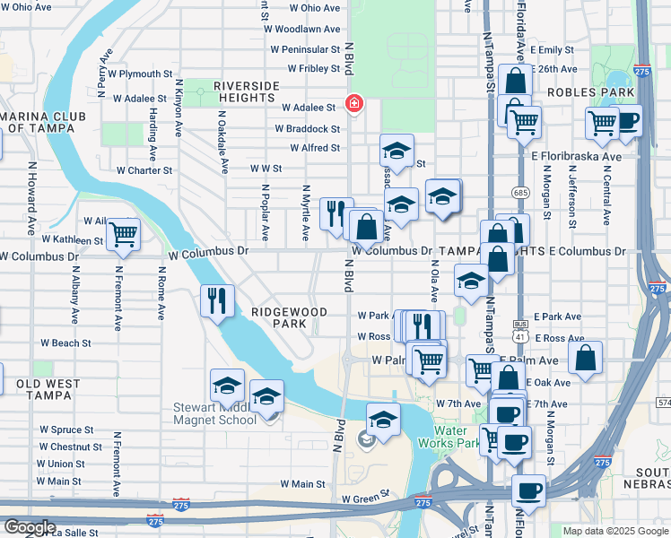 map of restaurants, bars, coffee shops, grocery stores, and more near 105 West Amelia Avenue in Tampa