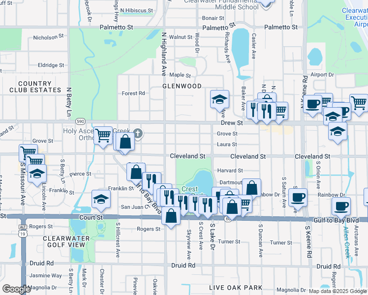 map of restaurants, bars, coffee shops, grocery stores, and more near 1541 Laura Street in Clearwater