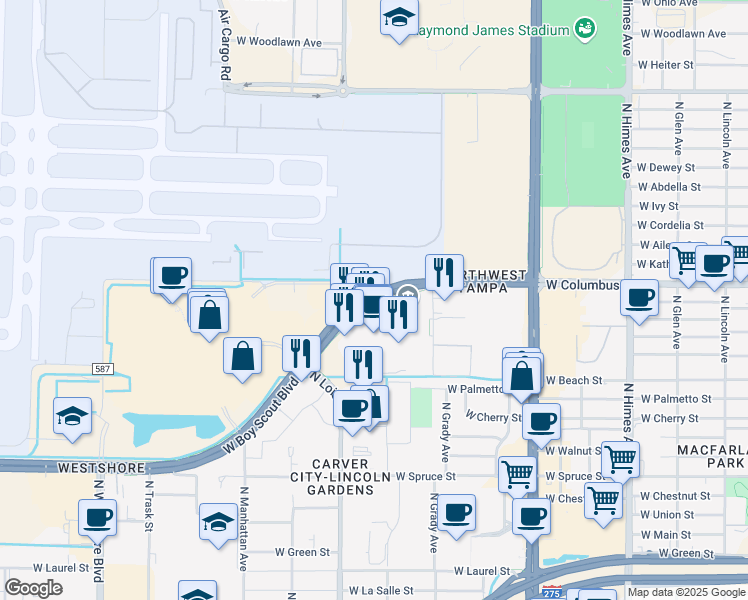 map of restaurants, bars, coffee shops, grocery stores, and more near 4040 West Boy Scout Boulevard in Tampa
