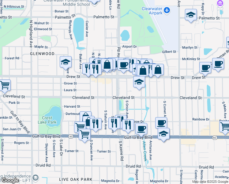 map of restaurants, bars, coffee shops, grocery stores, and more near 6 North Mars Avenue in Clearwater