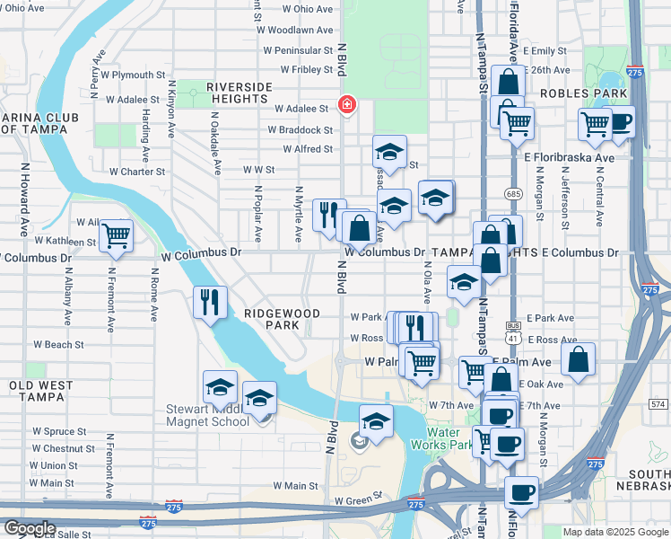 map of restaurants, bars, coffee shops, grocery stores, and more near 105 West Amelia Avenue in Tampa