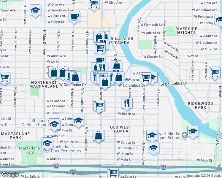 map of restaurants, bars, coffee shops, grocery stores, and more near 2307 West Saint Joseph Street in Tampa