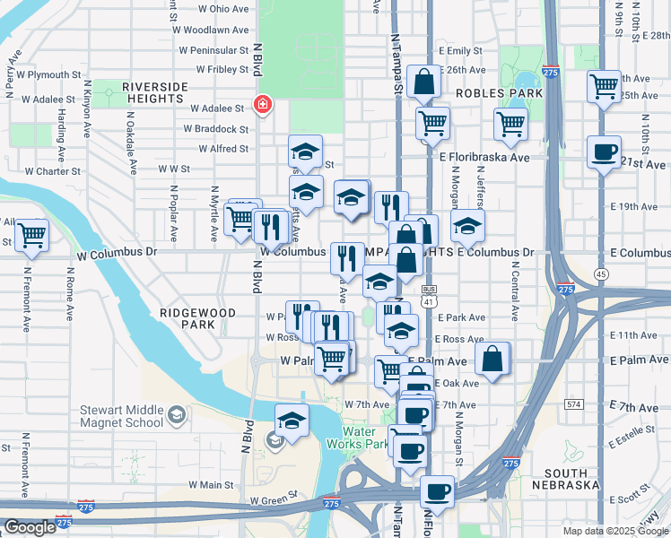 map of restaurants, bars, coffee shops, grocery stores, and more near 303 West Amelia Avenue in Tampa