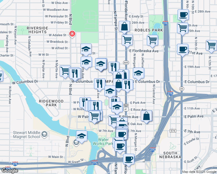 map of restaurants, bars, coffee shops, grocery stores, and more near 2502 North Highland Avenue in Tampa