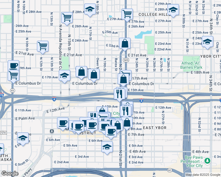 map of restaurants, bars, coffee shops, grocery stores, and more near 1918 East 15th Avenue in Tampa