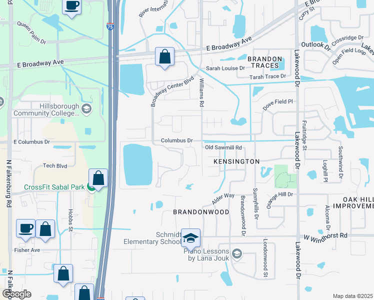 map of restaurants, bars, coffee shops, grocery stores, and more near 2105 Rottwell Court in Brandon
