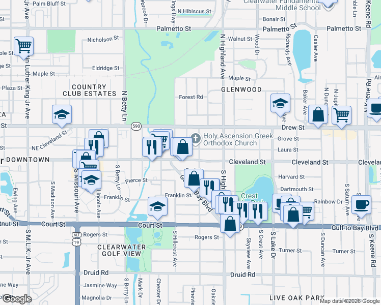 map of restaurants, bars, coffee shops, grocery stores, and more near 10 North San Remo Avenue in Clearwater