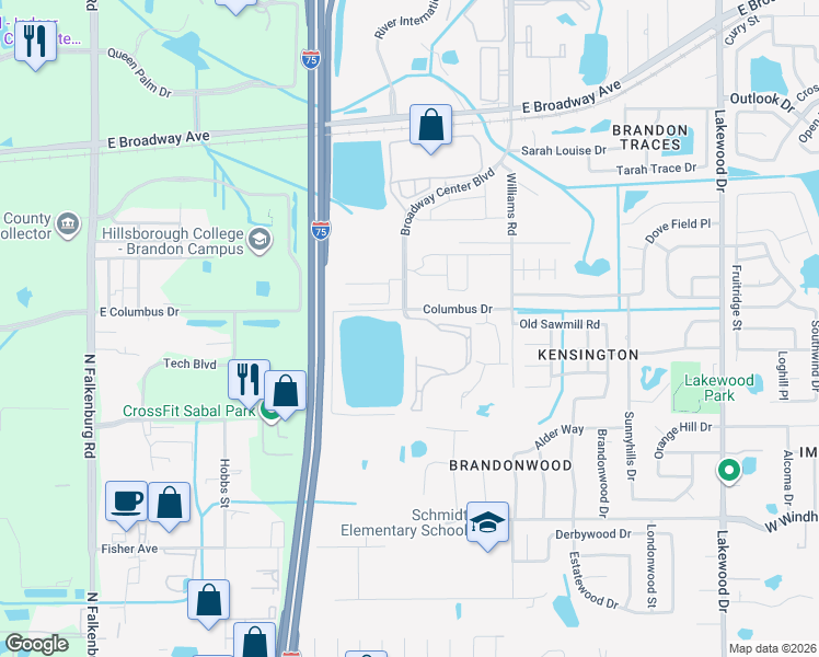 map of restaurants, bars, coffee shops, grocery stores, and more near 2640 Bermuda Lake Drive in Brandon