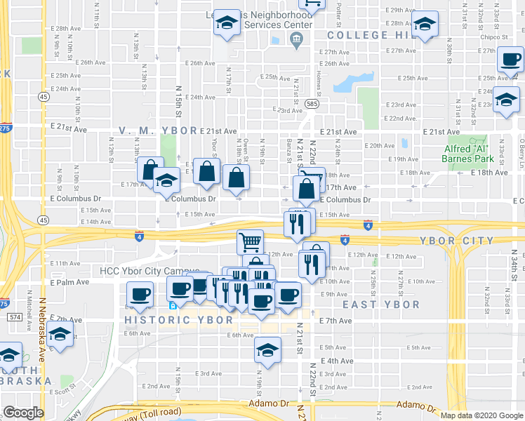 map of restaurants, bars, coffee shops, grocery stores, and more near 1860 East 14th Avenue in Tampa