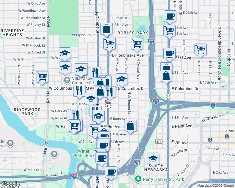 map of restaurants, bars, coffee shops, grocery stores, and more near 2402 North Morgan Street in Tampa