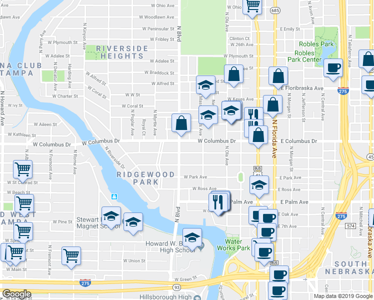 map of restaurants, bars, coffee shops, grocery stores, and more near 415 West Amelia Avenue in Tampa