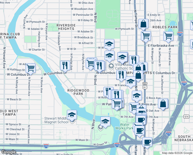 map of restaurants, bars, coffee shops, grocery stores, and more near 415 West Amelia Avenue in Tampa