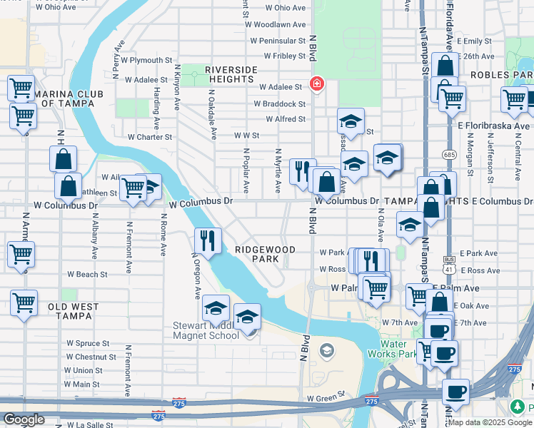 map of restaurants, bars, coffee shops, grocery stores, and more near 808 West Amelia Avenue in Tampa