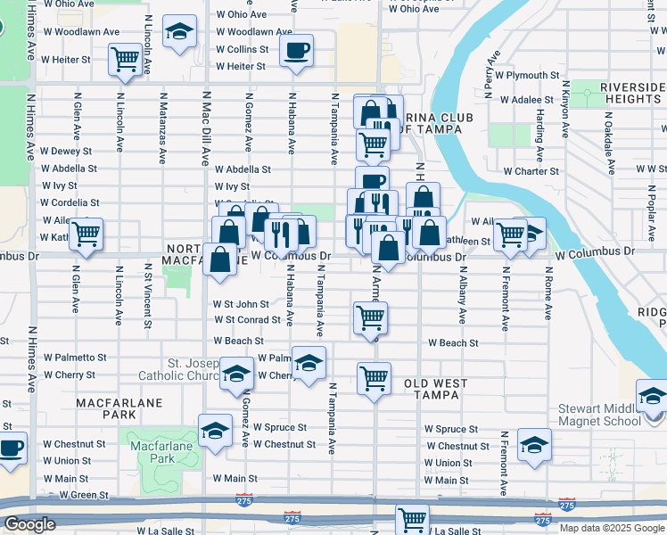 map of restaurants, bars, coffee shops, grocery stores, and more near 2607B West Saint Joseph Street in Tampa