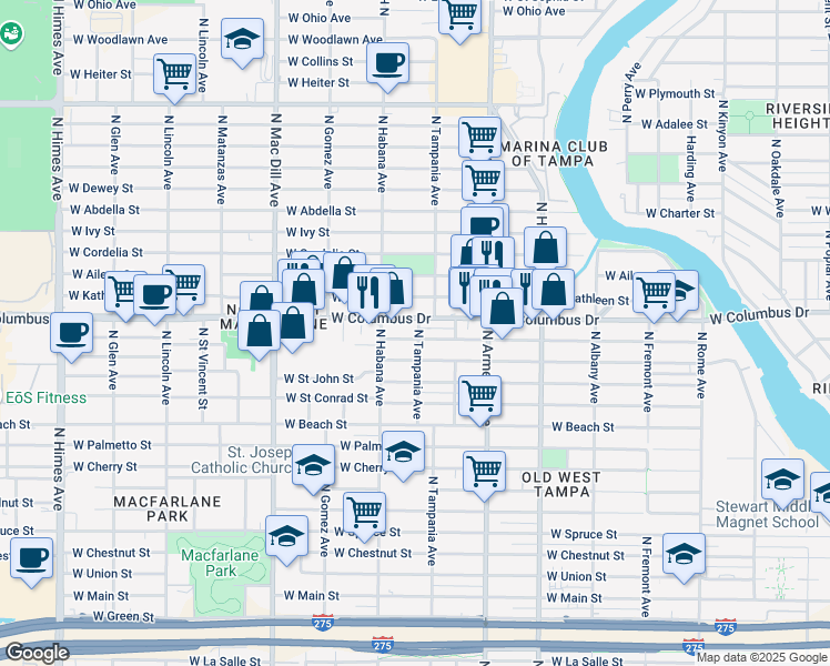 map of restaurants, bars, coffee shops, grocery stores, and more near 2702 North Tampania Avenue in Tampa