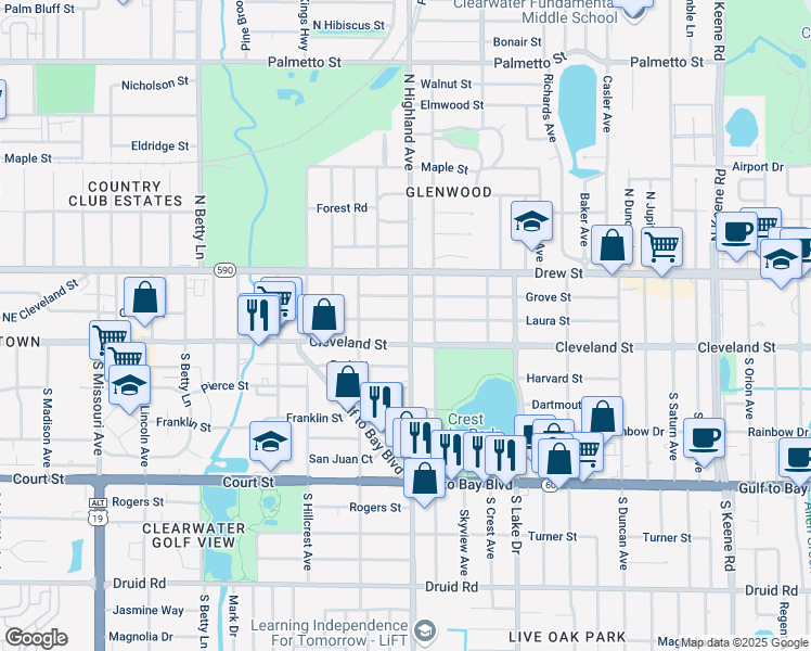 map of restaurants, bars, coffee shops, grocery stores, and more near 1483 Laura Street in Clearwater