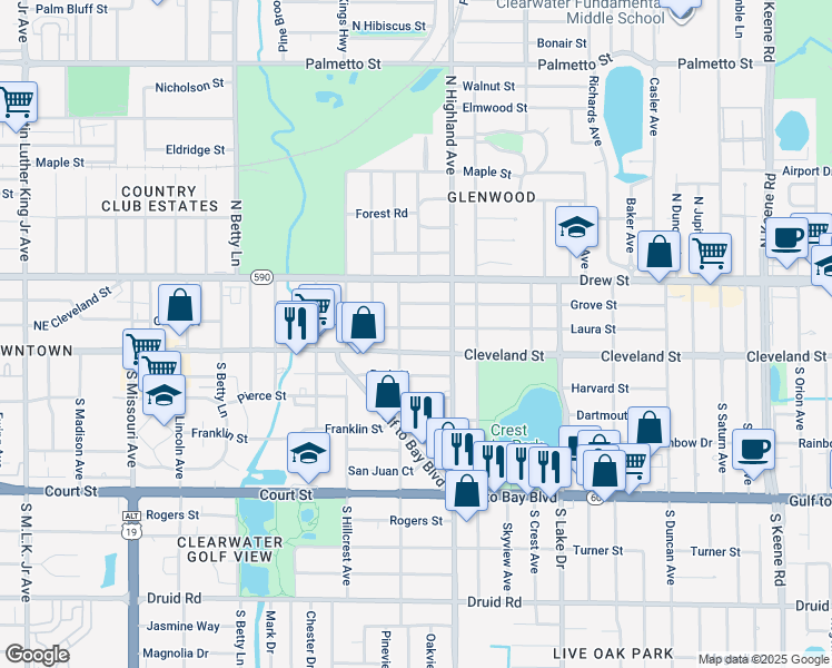 map of restaurants, bars, coffee shops, grocery stores, and more near 1483 Laura Street in Clearwater