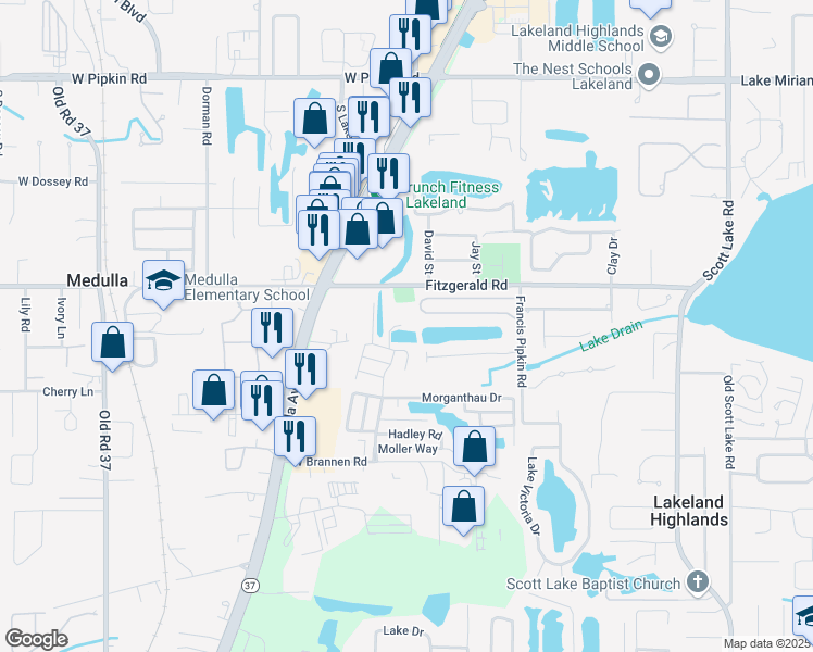 map of restaurants, bars, coffee shops, grocery stores, and more near 54 Village Green in Lakeland