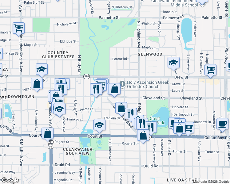 map of restaurants, bars, coffee shops, grocery stores, and more near 1406 Cleveland Street in Clearwater