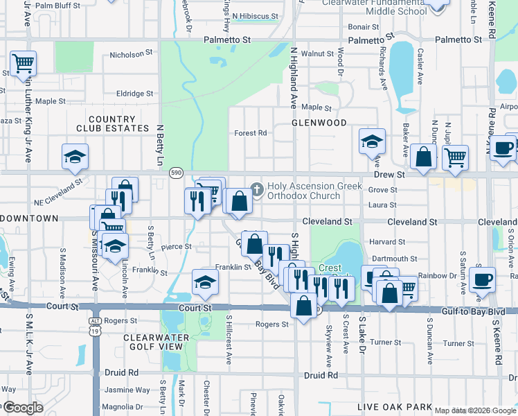 map of restaurants, bars, coffee shops, grocery stores, and more near 16 North San Remo Avenue in Clearwater