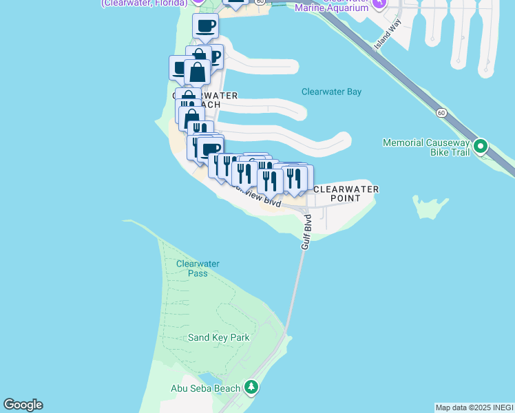 map of restaurants, bars, coffee shops, grocery stores, and more near 675 South Gulfview Boulevard in Clearwater