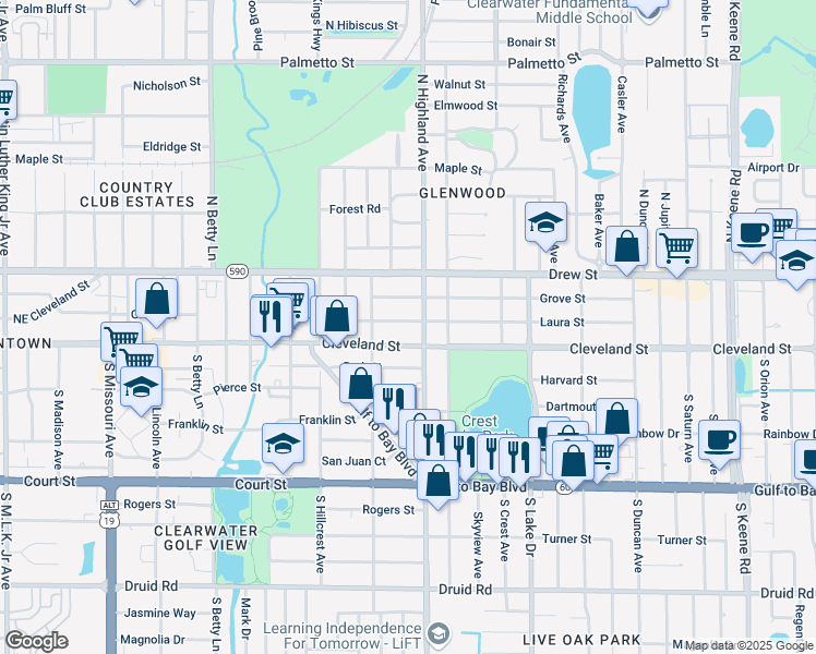 map of restaurants, bars, coffee shops, grocery stores, and more near 1483 Laura Street in Clearwater