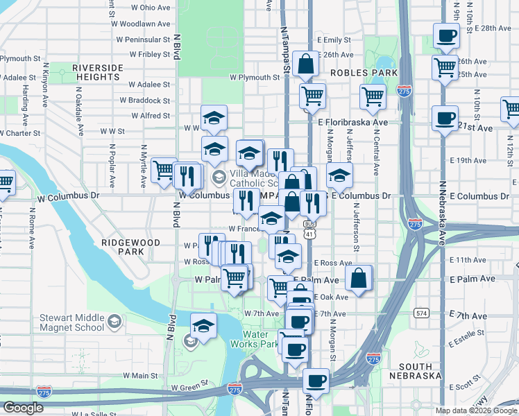 map of restaurants, bars, coffee shops, grocery stores, and more near 2502 North Highland Avenue in Tampa