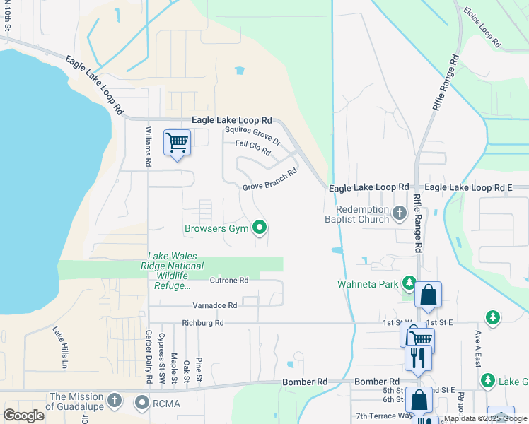 map of restaurants, bars, coffee shops, grocery stores, and more near 246 Grove Branch Road in Winter Haven