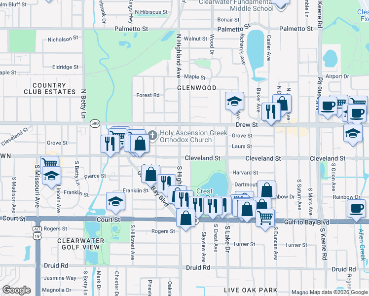 map of restaurants, bars, coffee shops, grocery stores, and more near 1505 Laura Street in Clearwater