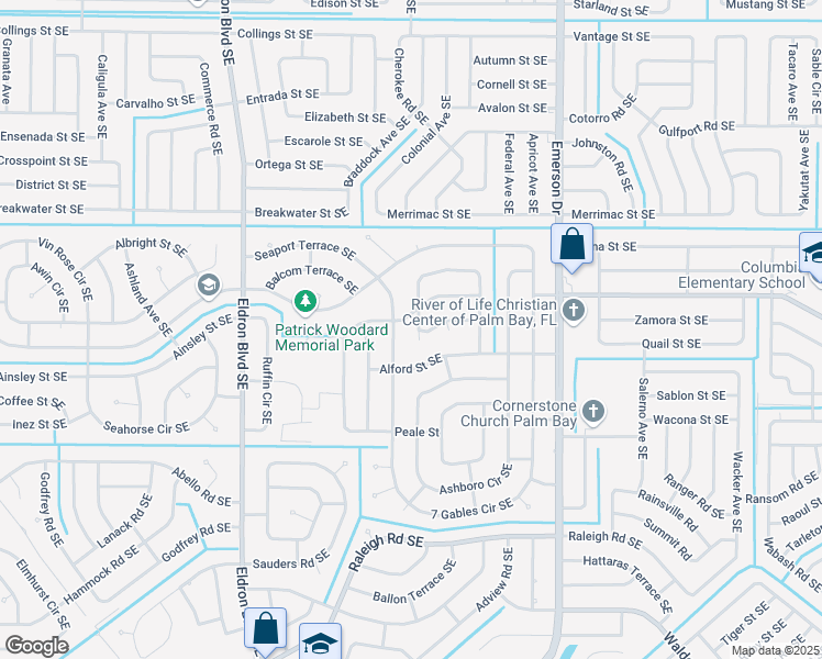 map of restaurants, bars, coffee shops, grocery stores, and more near 687 Parsons Circle Southeast in Palm Bay