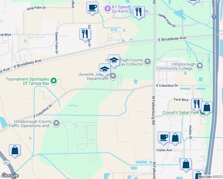 map of restaurants, bars, coffee shops, grocery stores, and more near 9504 East Columbus Drive in Tampa
