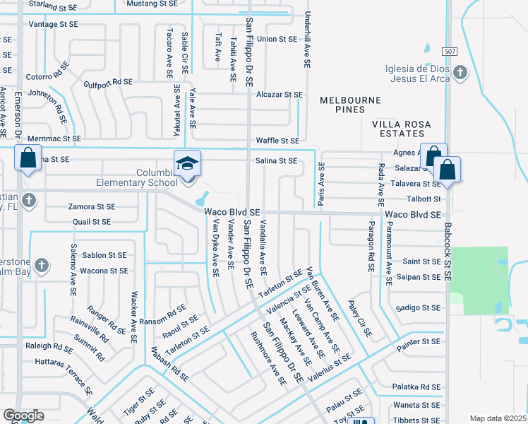 map of restaurants, bars, coffee shops, grocery stores, and more near 1331 Waco Boulevard Southeast in Palm Bay