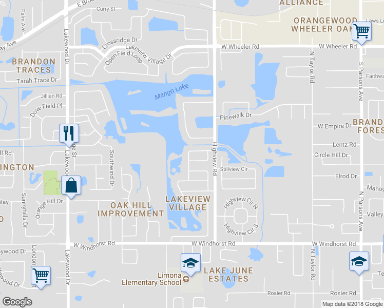 map of restaurants, bars, coffee shops, grocery stores, and more near 1523 Creek Bend Drive in Brandon