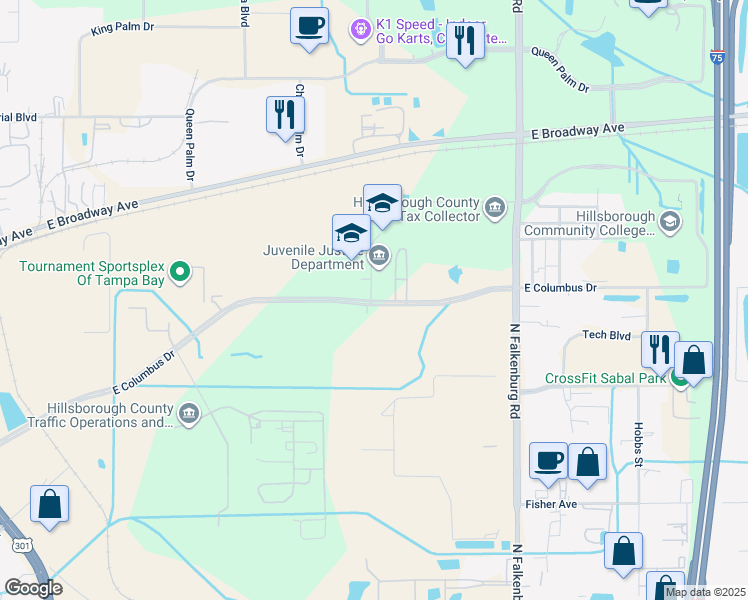 map of restaurants, bars, coffee shops, grocery stores, and more near 9547-9647 East Columbus Drive in Tampa