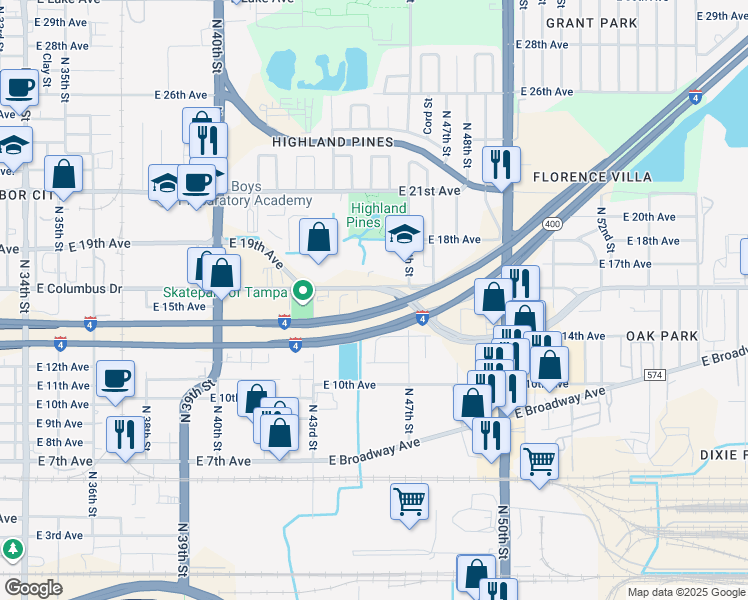 map of restaurants, bars, coffee shops, grocery stores, and more near 4501 East Columbus Drive in Tampa