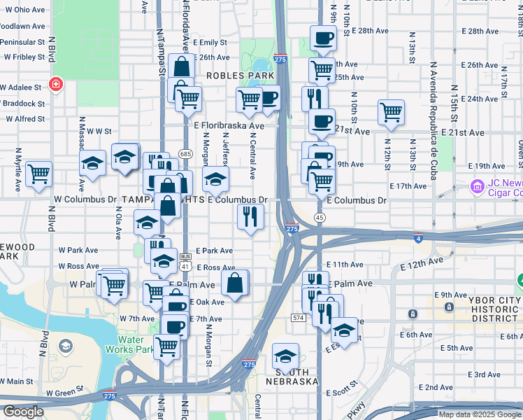 map of restaurants, bars, coffee shops, grocery stores, and more near 503 East Sparkman Avenue in Tampa