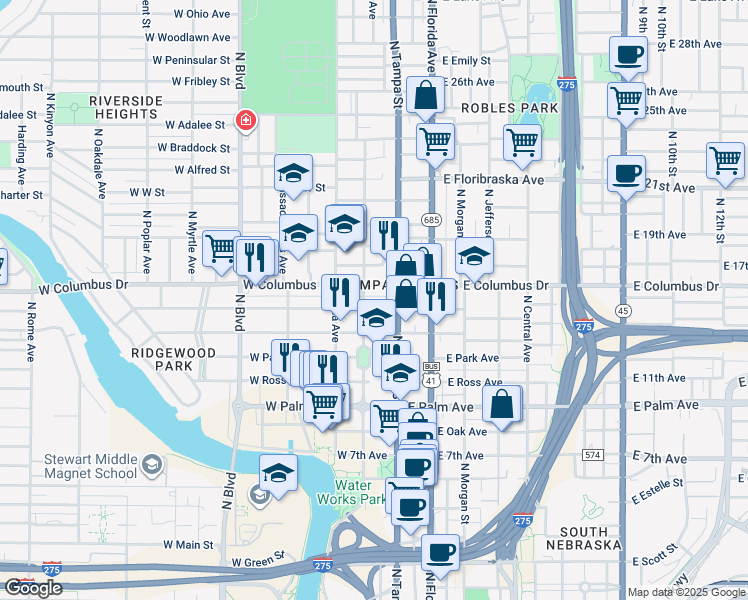 map of restaurants, bars, coffee shops, grocery stores, and more near 2502 North Highland Avenue in Tampa
