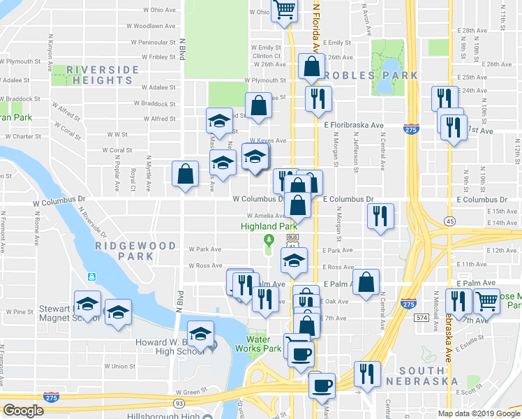 map of restaurants, bars, coffee shops, grocery stores, and more near 2502 North Highland Avenue in Tampa