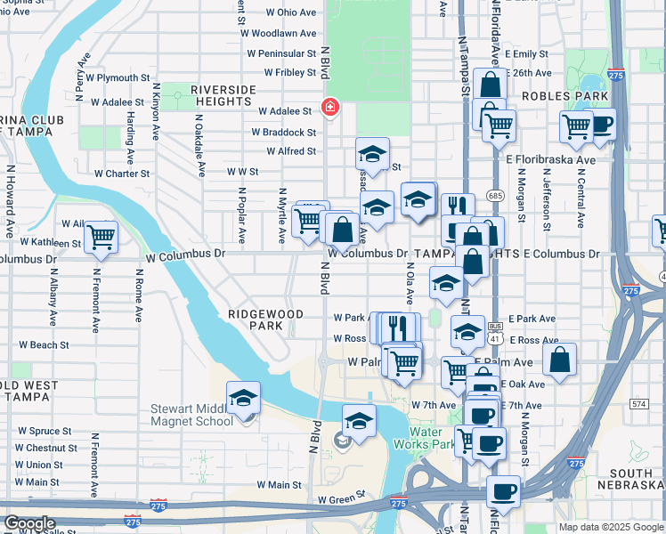 map of restaurants, bars, coffee shops, grocery stores, and more near 415 West Amelia Avenue in Tampa