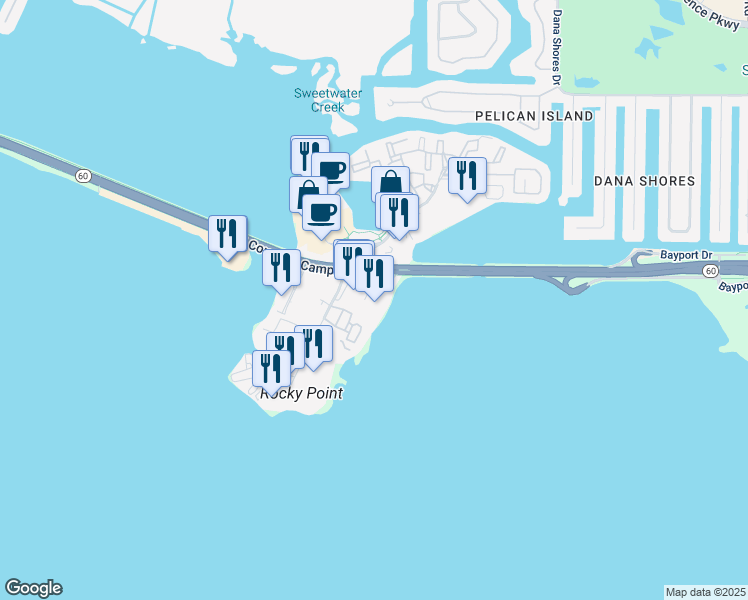 map of restaurants, bars, coffee shops, grocery stores, and more near 7616 West Courtney Campbell Causeway in Tampa