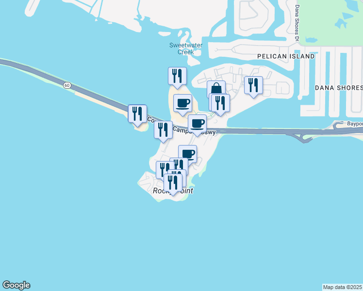map of restaurants, bars, coffee shops, grocery stores, and more near 2601 North Rocky Point Drive in Tampa