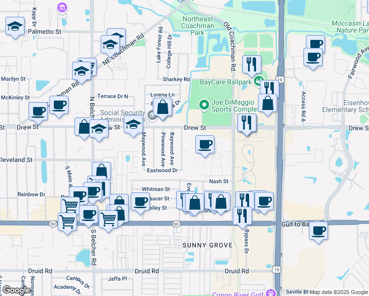 map of restaurants, bars, coffee shops, grocery stores, and more near 98 North Fernwood Avenue in Clearwater