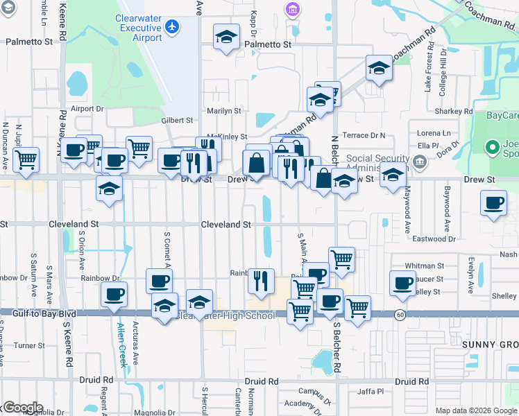 map of restaurants, bars, coffee shops, grocery stores, and more near 9 North Neptune Avenue in Clearwater