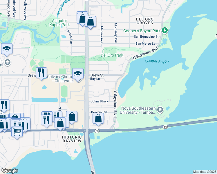 map of restaurants, bars, coffee shops, grocery stores, and more near 3154 McDonald Drive in Clearwater